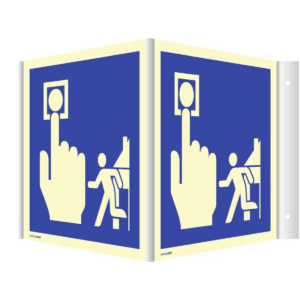 Nasenschild nach ISO 7010 / F005, zweiseitig bedruckt, mit 2 Symbolen "Hausalarm Brandmelder Evakuierung"